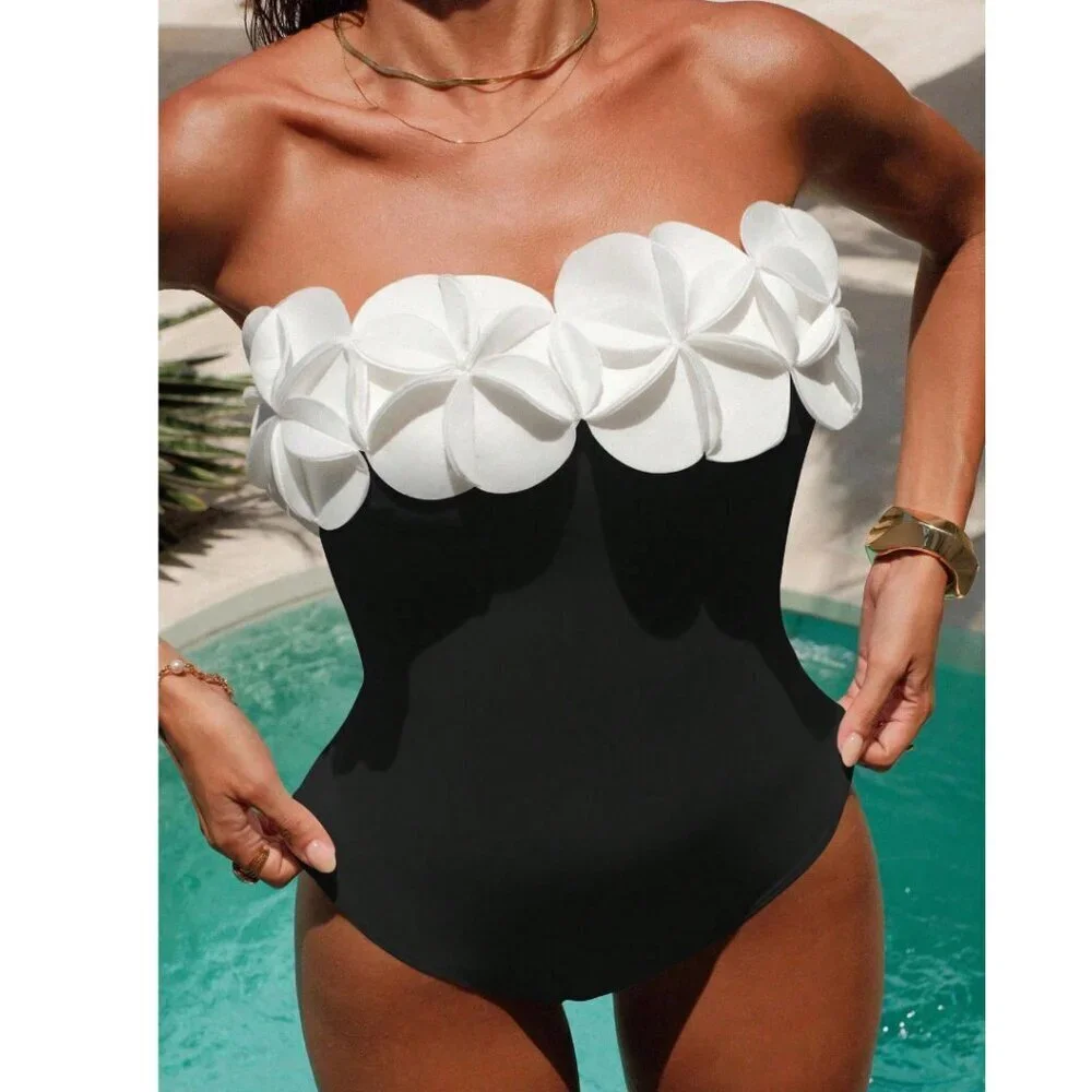 Black Elegant Women's Ruffle floral Trim one piece swimsuit